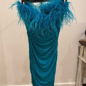 Alyce Paris Elegant Teal Feathered homecoming Dress